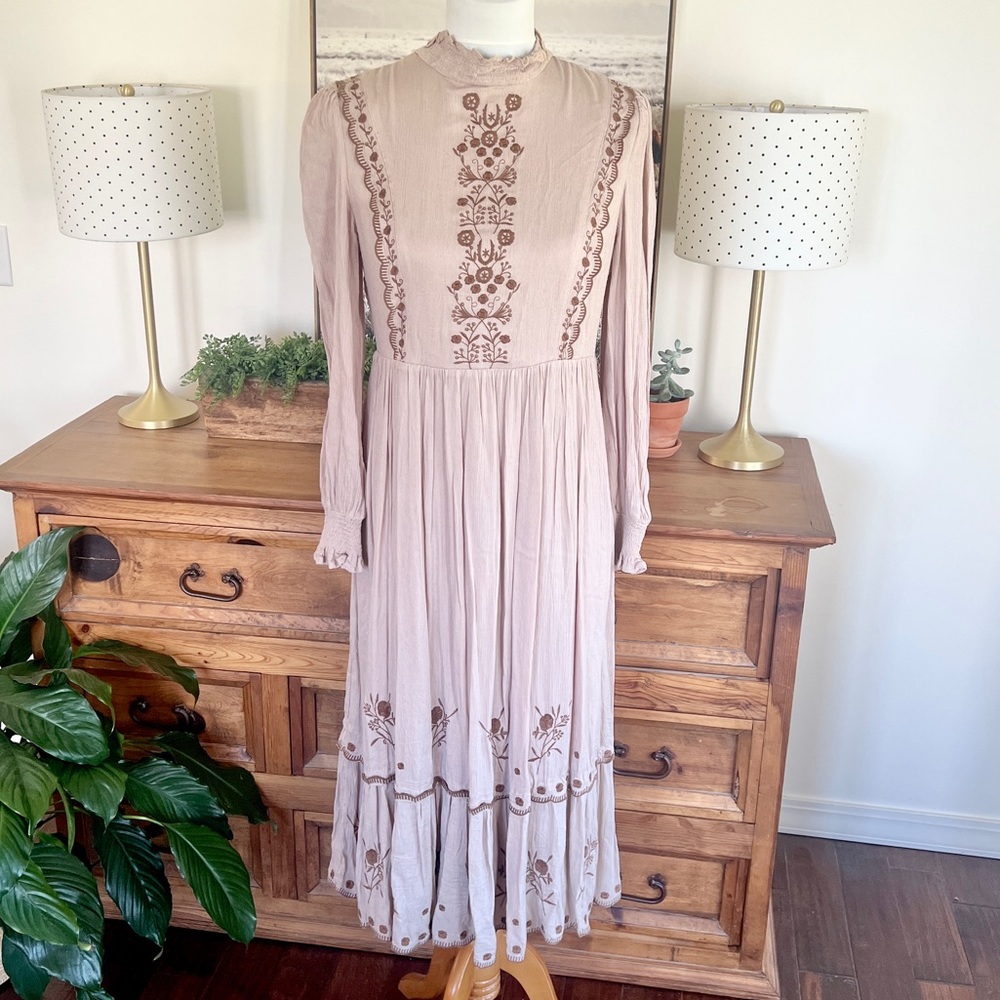 Roolee In Loom Tan Embroidered Boho Peasant Midi Dress M L - Picture 2 of 14
